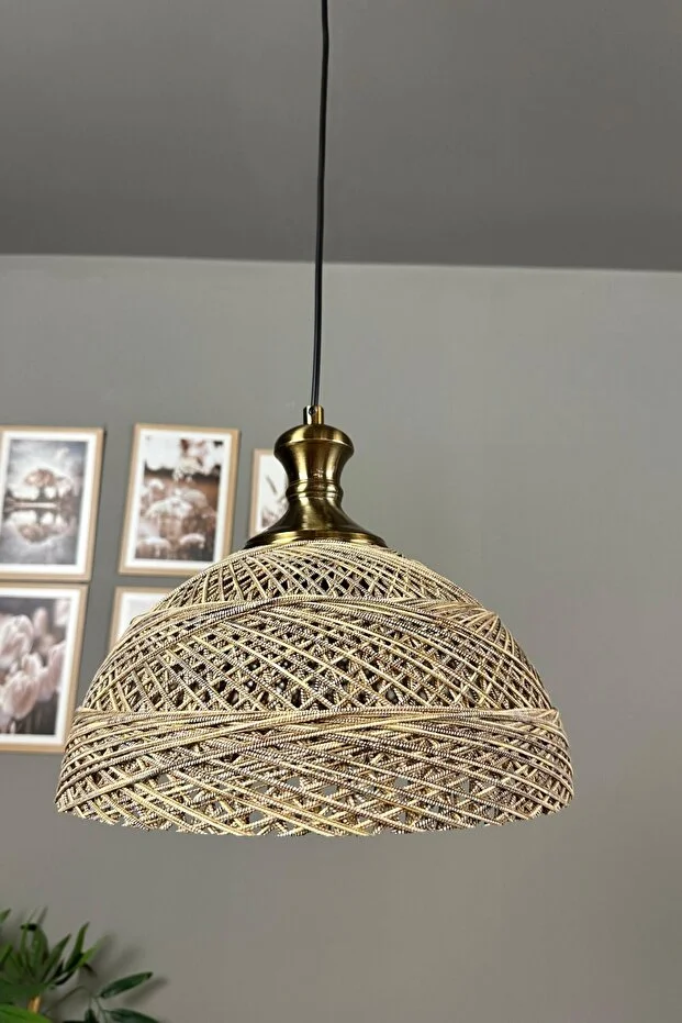 Bohem Recycle İplik Jüt El Yapımı Alaca Ekru İplik Eskitme Tokmak Başlık Tekli Avize